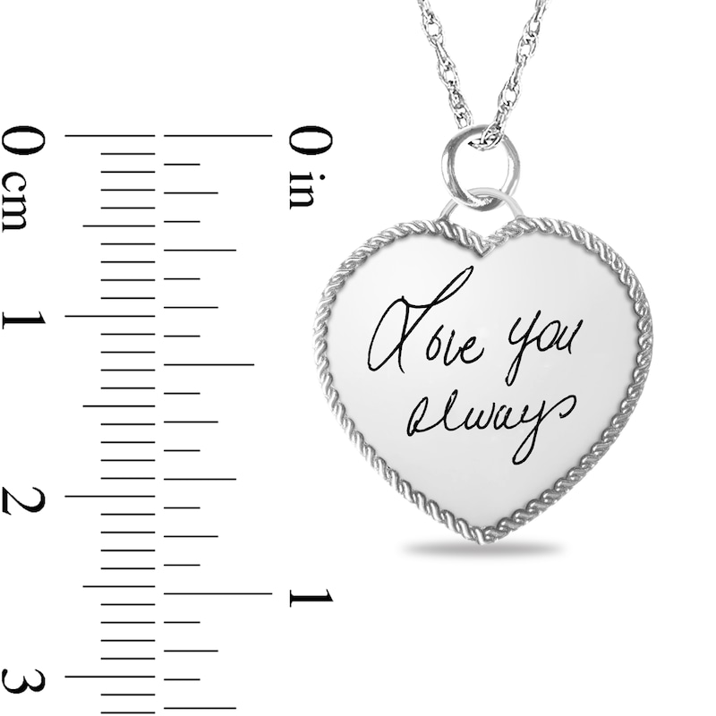 Engravable Your Own Handwriting Rope Frame Heart Pendant in Sterling Silver (1 Image and 2 Lines)|Peoples Jewellers