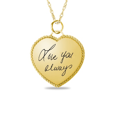 Engravable Your Own Handwriting Rope Frame Heart Pendant in 10K White, Yellow or Rose Gold (1 Image and 2 Lines)