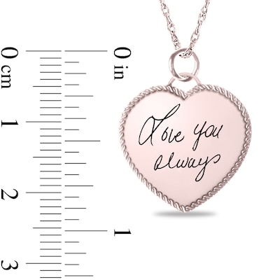 Engravable Your Own Handwriting Rope Frame Heart Pendant in 10K White, Yellow or Rose Gold (1 Image and 2 Lines)