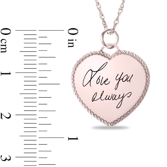 Engravable Your Own Handwriting Rope Frame Heart Pendant in 10K White, Yellow or Rose Gold (1 Image and 2 Lines)