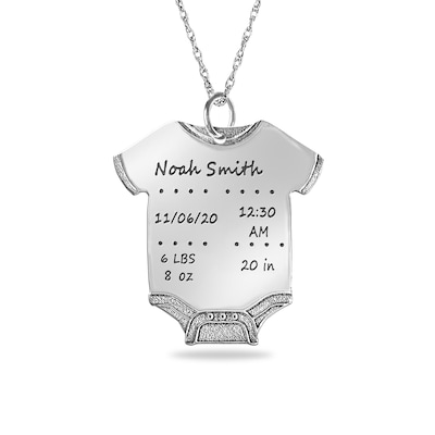 Engravable Birth Stats Baby Onesie Pendant in Sterling Silver (5-8 Lines)