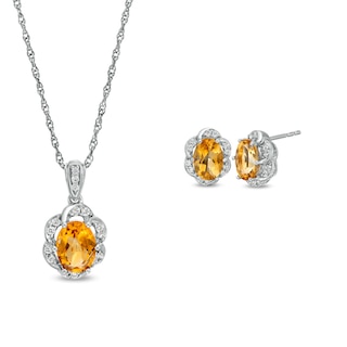 Oval Citrine and White Lab-Created Sapphire Scallop Frame Floral Pendant and Stud Earrings Set in Sterling Silver