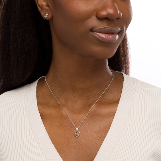 Oval Citrine and White Lab-Created Sapphire Scallop Frame Floral Pendant and Stud Earrings Set in Sterling Silver