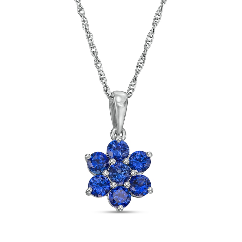Blue Lab-Created Sapphire Flower Drop Pendant in 10K White Gold