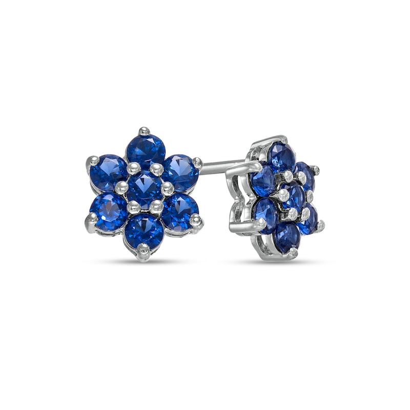 Blue Lab-Created Sapphire Flower Stud Earrings in 10K White Gold