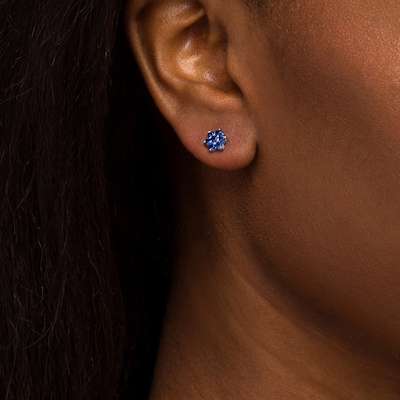 Blue Lab-Created Sapphire Flower Stud Earrings in 10K White Gold