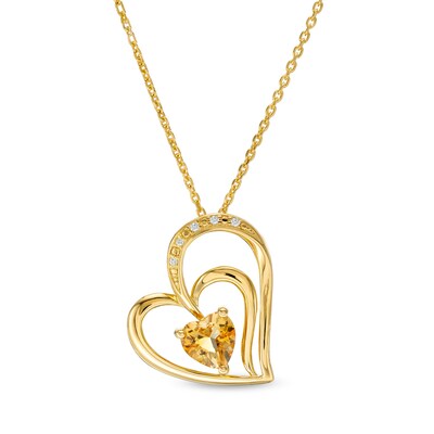 6.0mm Citrine and White Lab-Created Sapphire Beaded Tilted Loop Double Heart Pendant in 10K Gold