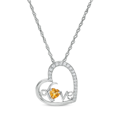 4.0mm Citrine and White Lab-Created Sapphire Cursive "Love" Tilted Heart Pendant in Sterling Silver