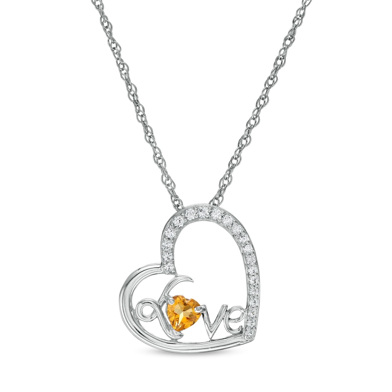 4.0mm Citrine and White Lab-Created Sapphire Cursive "Love" Tilted Heart Pendant in Sterling Silver|Peoples Jewellers