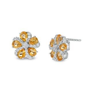 Pear-Shaped Citrine and White Lab-Created Sapphire Swirl Flower Stud Earrings in Sterling Silver