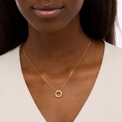 Oval Citrine and White Lab-Created Sapphire Beaded Alternating Open Circle Pendant in 14K Gold Over Silver