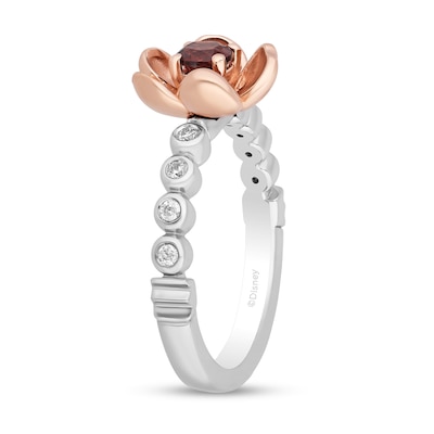 Enchanted Disney Snow White Garnet and 0.085 CT. T.W. Diamond Flower Ring in Sterling Silver and 10K Rose Gold - Size 7