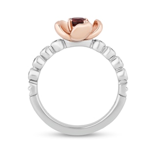 Enchanted Disney Snow White Garnet and 0.085 CT. T.W. Diamond Flower Ring in Sterling Silver and 10K Rose Gold - Size 7