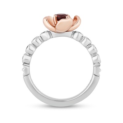 Enchanted Disney Snow White Garnet and 0.085 CT. T.W. Diamond Flower Ring in Sterling Silver and 10K Rose Gold - Size 7