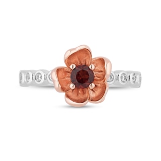 Enchanted Disney Snow White Garnet and 0.085 CT. T.W. Diamond Flower Ring in Sterling Silver and 10K Rose Gold - Size 7