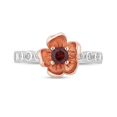 Enchanted Disney Snow White Garnet and 0.085 CT. T.W. Diamond Flower Ring in Sterling Silver and 10K Rose Gold - Size 7