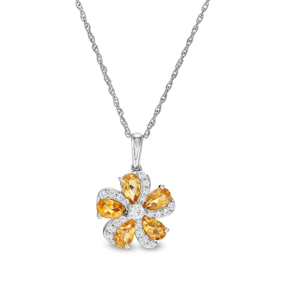 Pear-Shaped Citrine and White Lab-Created Sapphire Swirl Flower Drop Pendant in Sterling Silver