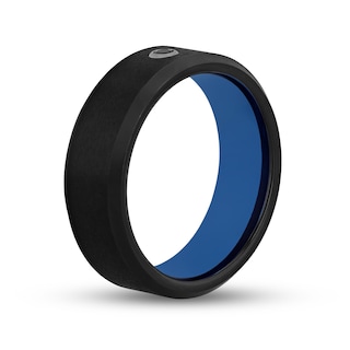 Men's 0.05 CT. Black Enhanced Diamond Bevelled Edge Comfort-Fit Wedding Band in Tungsten with Black and Blue IP (1 Line)