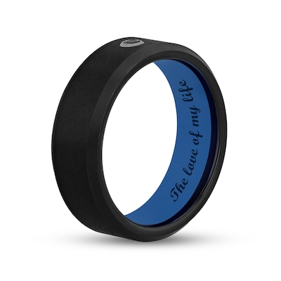 Men's 0.05 CT. Black Enhanced Diamond Bevelled Edge Comfort-Fit Wedding Band in Tungsten with Black and Blue IP (1 Line)