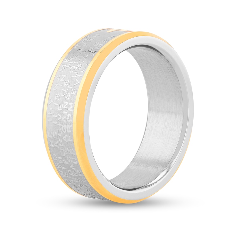 Men's 8.0mm Multi-Finish Lord's Prayer Comfort-Fit Engravable Wedding Band in Stainless Steel and Yellow IP (1 Line)|Peoples Jewellers