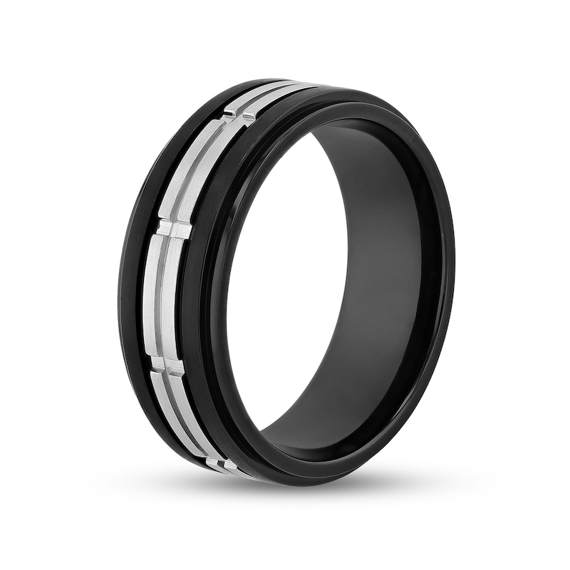 Men's 8.0mm Double Row Rectangle Pattern Comfort-Fit Wedding Band in Stainless Steel and Black IP (1 Line)|Peoples Jewellers
