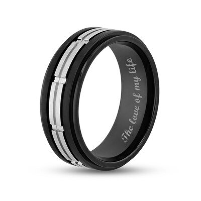 Men's 8.0mm Double Row Rectangle Pattern Comfort-Fit Wedding Band in Stainless Steel and Black IP (1 Line)