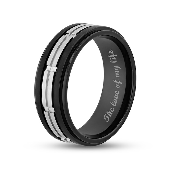 Men's 8.0mm Double Row Rectangle Pattern Comfort-Fit Wedding Band in Stainless Steel and Black IP (1 Line)