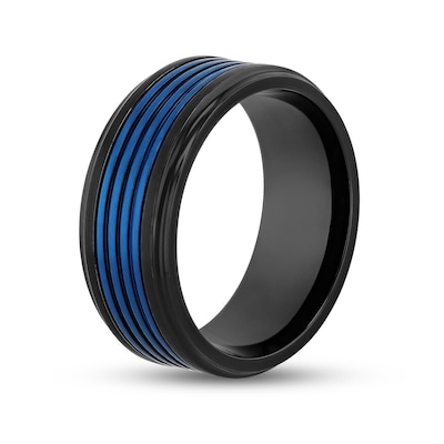 Men's 9.0mm Mult-Groove Inlay Stepped Edge Comfort-Fit Wedding Band in Stainless Steel with Black and Blue IP (1 Line)