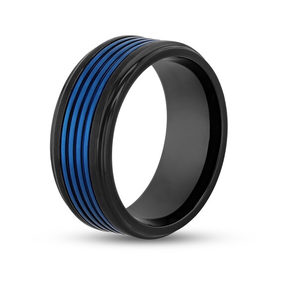 Men's 9.0mm Mult-Groove Inlay Stepped Edge Comfort-Fit Wedding Band in Stainless Steel with Black and Blue IP (1 Line)