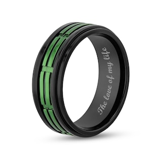 Men's 8.0mm Double Row Rectangle Pattern Comfort-Fit Wedding Band in Stainless Steel with Black and Green IP (1 Line)