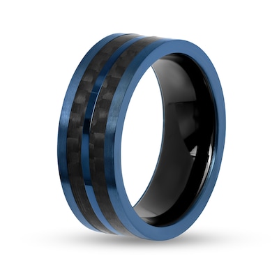 Men's 8.0mm Double Row Carbon Fibre Inlay Comfort-Fit Wedding Band in Stainless Steel with Black and Blue IP (1 Line)