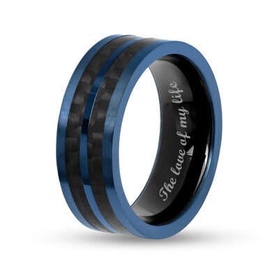 Men's 8.0mm Double Row Carbon Fibre Inlay Comfort-Fit Wedding Band in Stainless Steel with Black and Blue IP (1 Line)