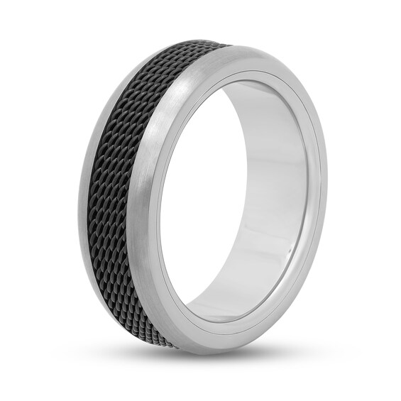 Men's 7.5mm Multi-Finish Mesh Ribbon Comfort-Fit Engravable Wedding Band in Titanium and Black IP (1 Line)