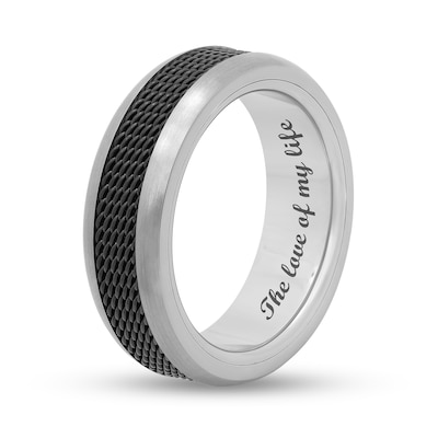 Men's 7.5mm Multi-Finish Mesh Ribbon Comfort-Fit Engravable Wedding Band in Titanium and Black IP (1 Line)