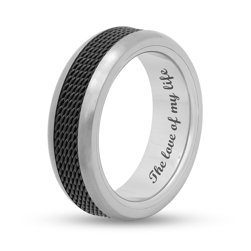 Men's 7.5mm Multi-Finish Mesh Ribbon Comfort-Fit Engravable Wedding Band in Titanium and Black IP (1 Line)|Peoples Jewellers