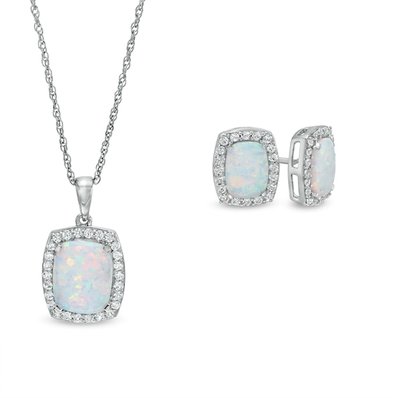 Cushion-Cut Lab-Created Opal and White lab-Created Sapphire Frame Pendant and Stud Earrings Set in Sterling Silver