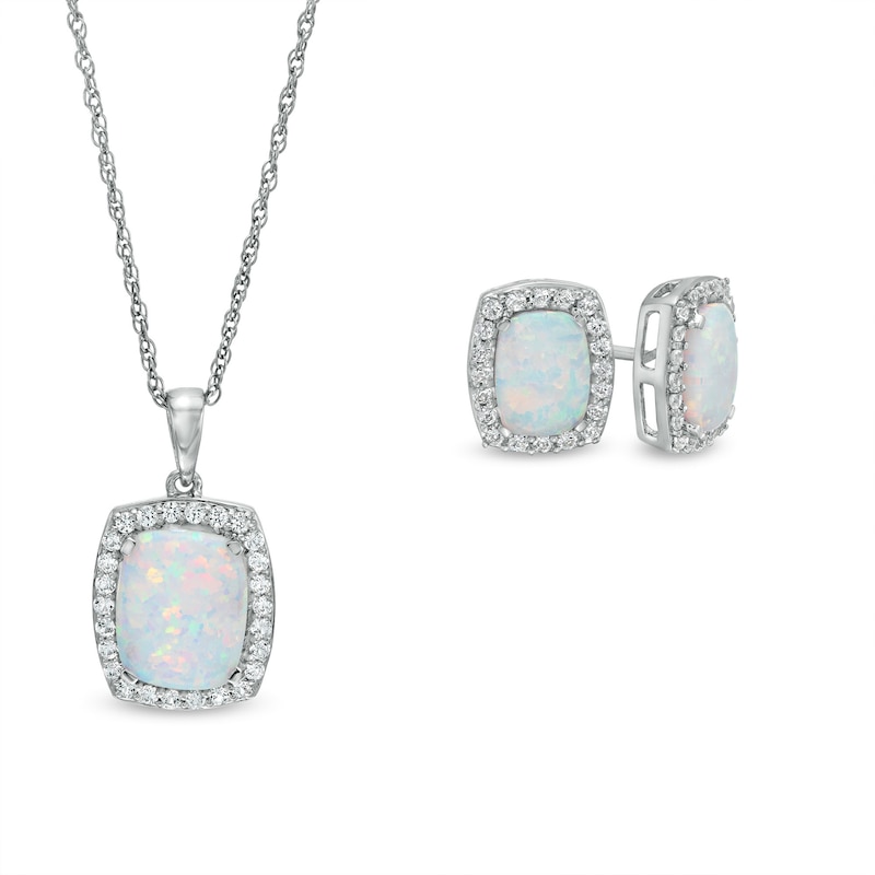 Cushion-Cut Lab-Created Opal and White lab-Created Sapphire Frame Pendant and Stud Earrings Set in Sterling Silver|Peoples Jewellers