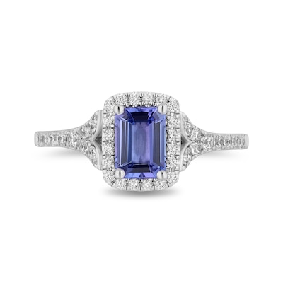 Enchanted Disney Ariel Blue Tanzanite and 0.37 CT. T.W. Diamond Frame Split Shank Engagement Ring in 14K White Gold