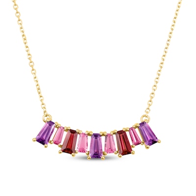 Baguette Amethyst, Garnet and Pink Tourmaline Alternating Curved Bar Necklace in 10K Gold