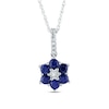 Thumbnail Image 0 of Blue Sapphire and Diamond Accent Petal Frame Flower Drop Pendant in 10K White Gold