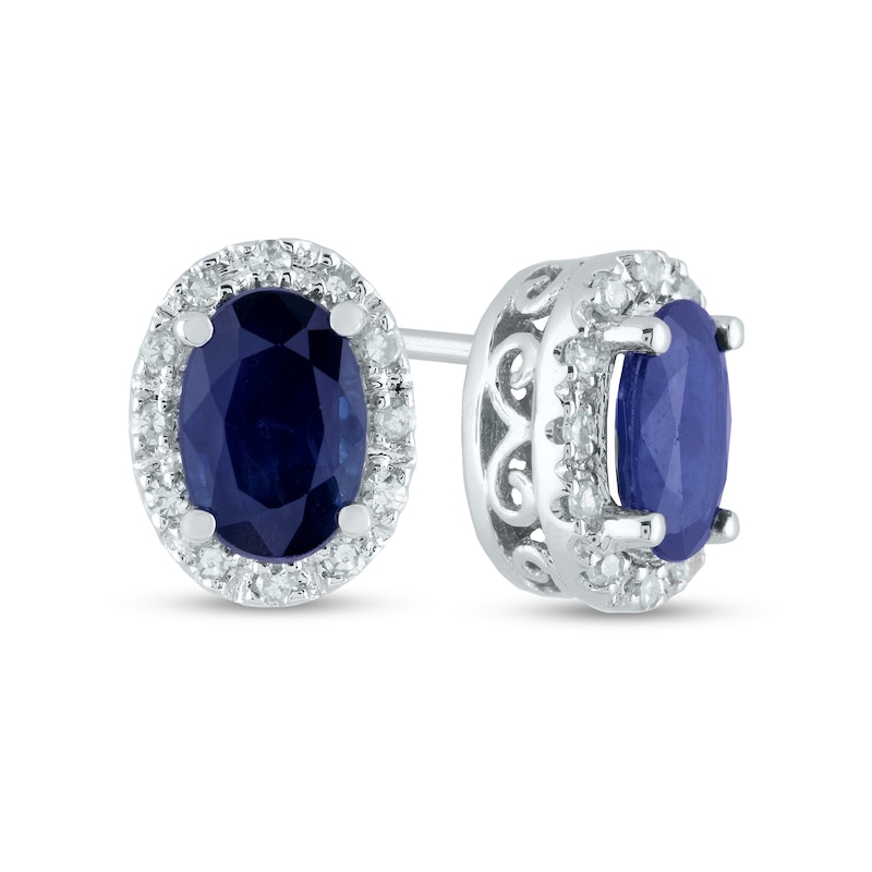 Oval Blue Sapphire and 0.10 CT. T.W. Diamond Frame Stud Earrings in 14K White Gold