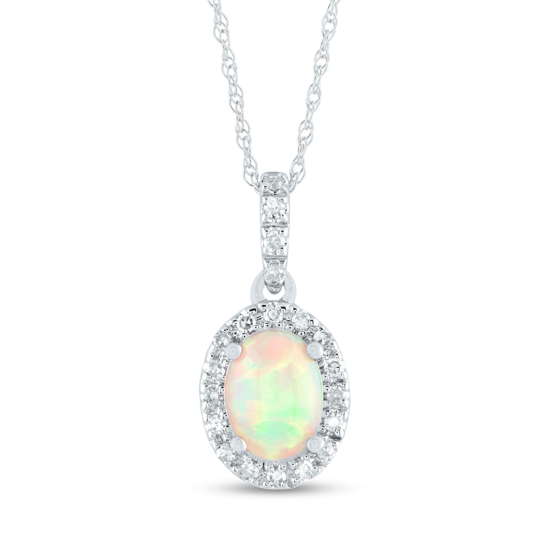 Oval Opal and 0.12 CT. T.W. Diamond Frame Drop Pendant in 14K White Gold