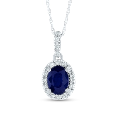 Oval Blue Sapphire and 0.12 CT. T.W. Diamond Frame Drop Pendant in 14K Gold