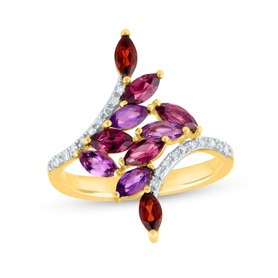 Marquise Amethyst and Garnet with 0.10 CT. T.W. Diamond Leafy Vine Bypass Ring in 10K Gold