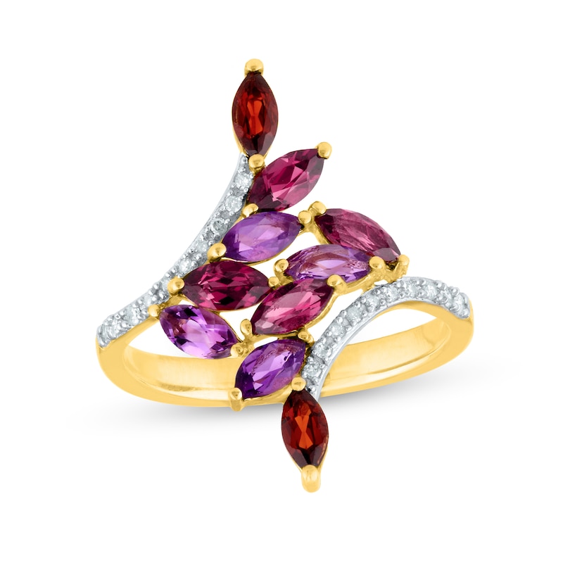Marquise Amethyst and Garnet with 0.10 CT. T.W. Diamond Leafy Vine Bypass Ring in 10K Gold|Peoples Jewellers