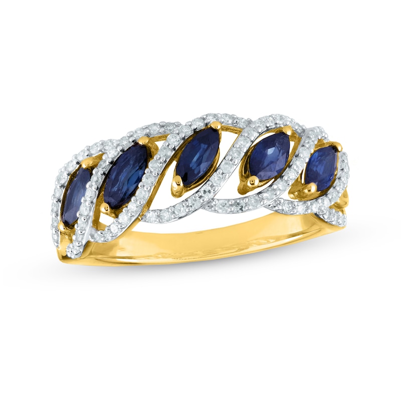 Marquise Blue Sapphire and 0.33 CT. T.W. Diamond Rolling Wave Frame Five Stone Band in 14K Gold|Peoples Jewellers