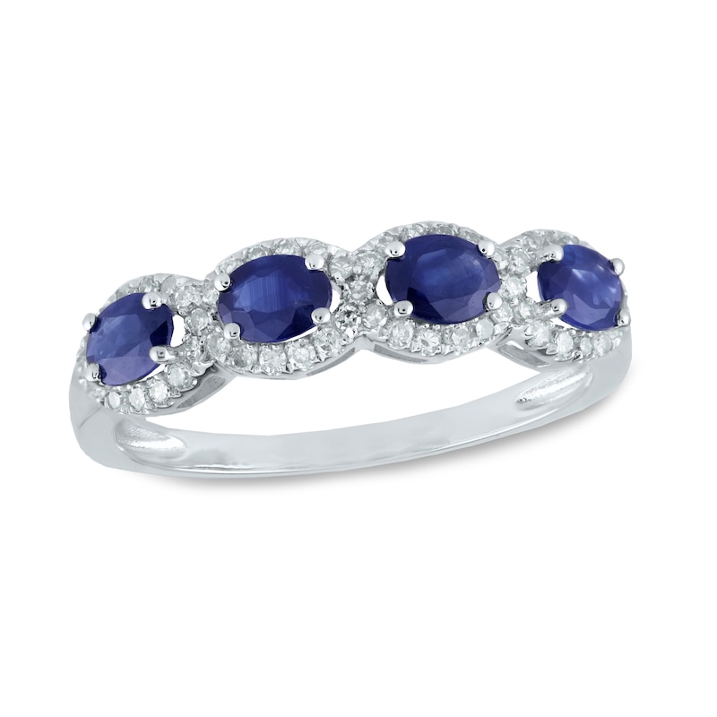 Sideways Oval Blue Sapphire and 0.22 CT. T.W. Diamond Frame Four Stone Ring in 14K White Gold|Peoples Jewellers