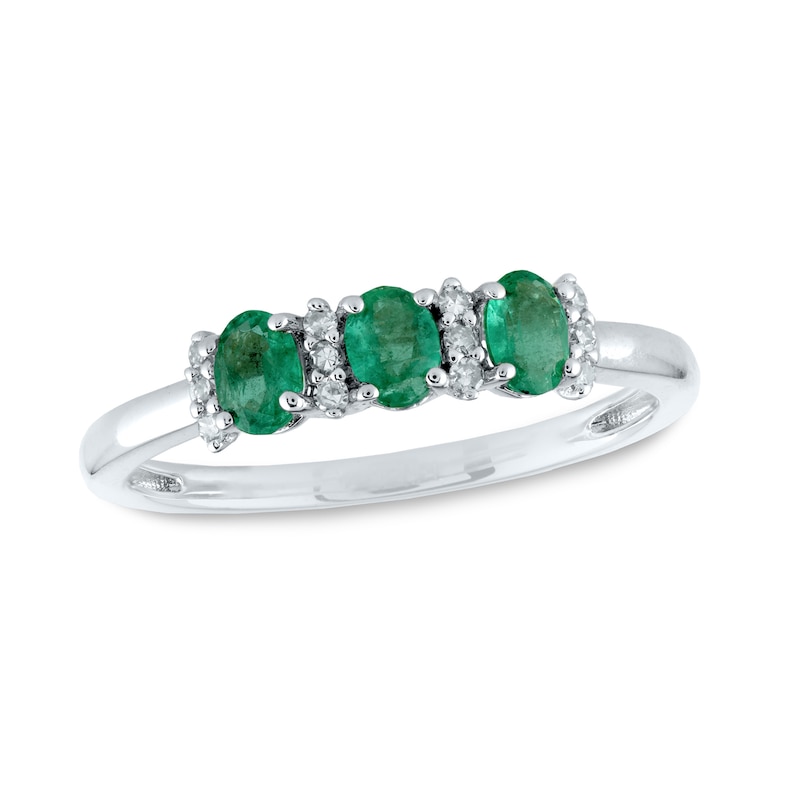 Oval Emerald and 0.08 CT. T.W. Diamond Three Stone Ring in 14K White Gold