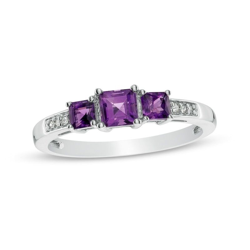 Princess-Cut Amethyst and Diamond Accent Three Stone Ring in 10K White Gold
