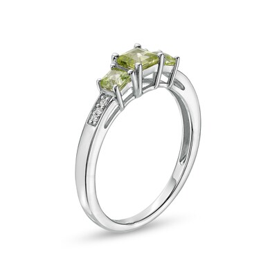 Princess-Cut Peridot and Diamond Accent Three Stone Ring in 10K White Gold